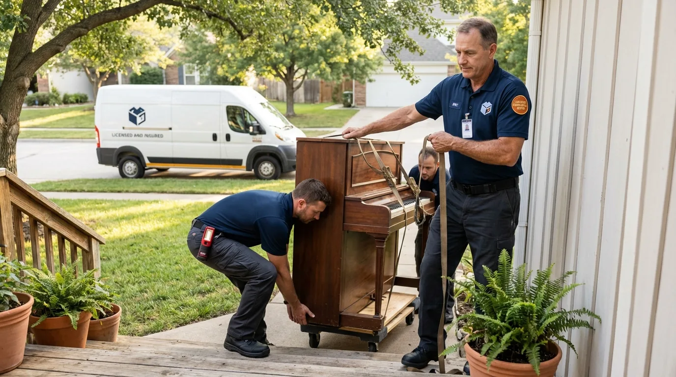 Licensed piano movers securing grand piano in Decatur, MS