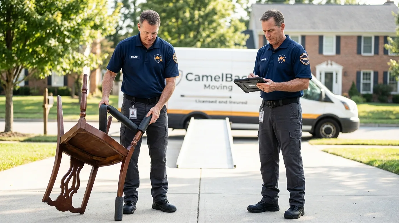 Movers inspecting furniture for damage prevention before loading in Decatur, MS