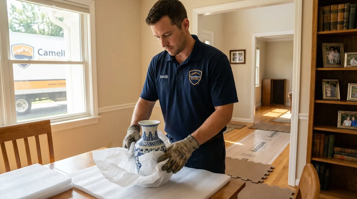 Professional crew carefully wrapping antique vase for senior downsizing move in Decatur, MS